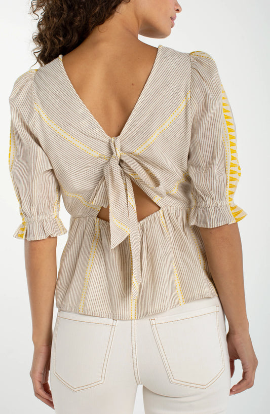 Half Sleeve Square Neck Tie Back Woven Top
