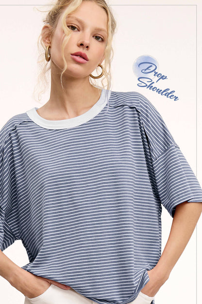 Striped Drop Shoulder Short Sleeve Top