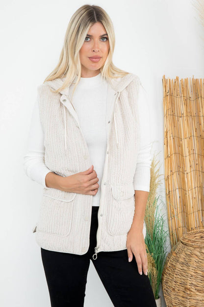 Faux Fur Quilted Line Hoodie Vest