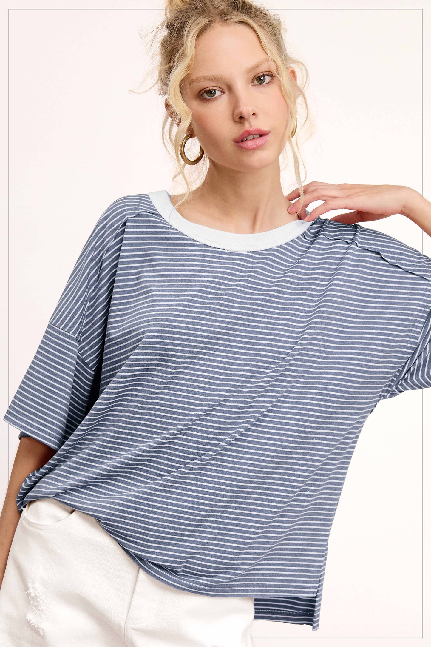 Striped Drop Shoulder Short Sleeve Top