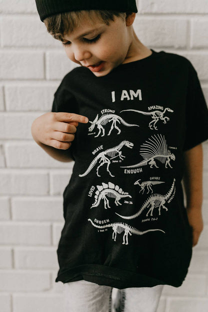 Dino Skeleton Affirmation Words Kids Tee