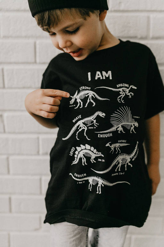 Dino Skeleton Affirmation Words Kids Tee