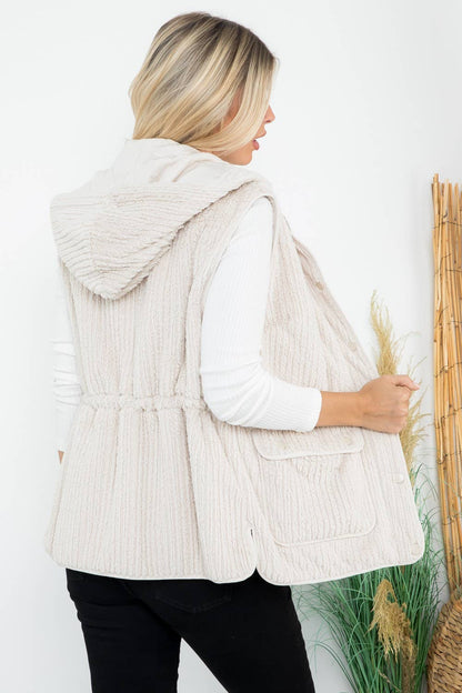 Faux Fur Quilted Line Hoodie Vest