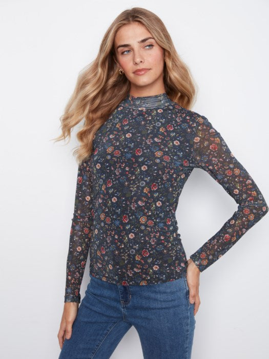 Printed Mesh Long Sleeve Mock Neck Top