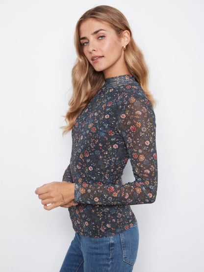 Printed Mesh Long Sleeve Mock Neck Top