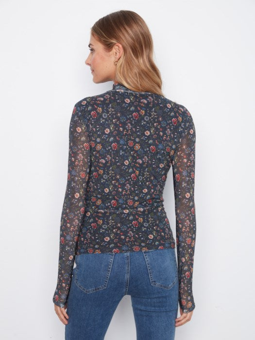 Printed Mesh Long Sleeve Mock Neck Top