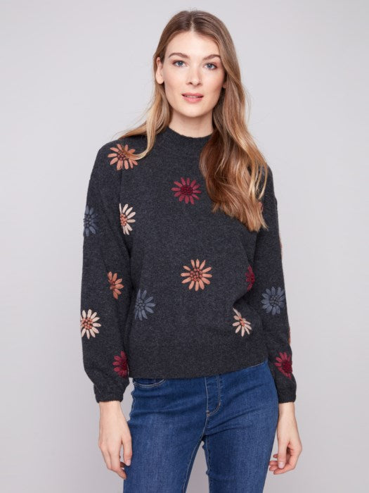 Mock Neck Sweater Floral Embroidery
