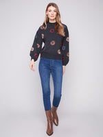 Mock Neck Sweater Floral Embroidery