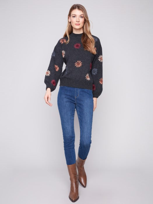 Mock Neck Sweater Floral Embroidery