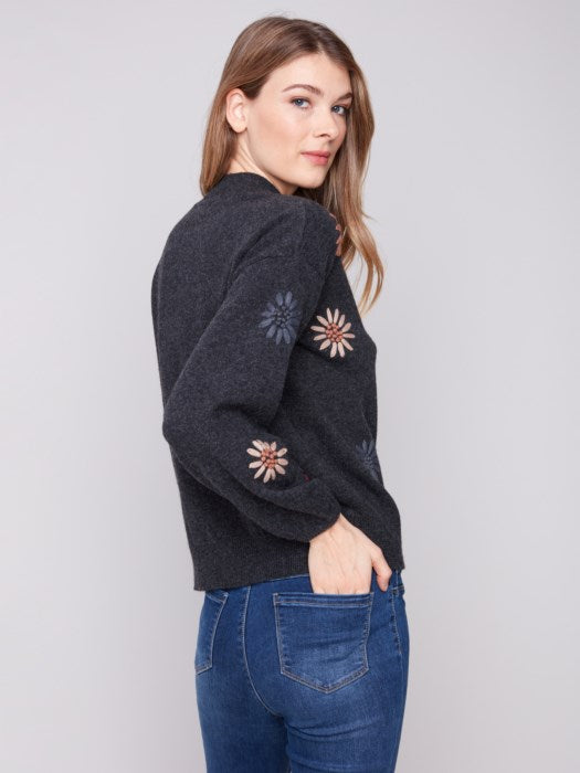 Mock Neck Sweater Floral Embroidery