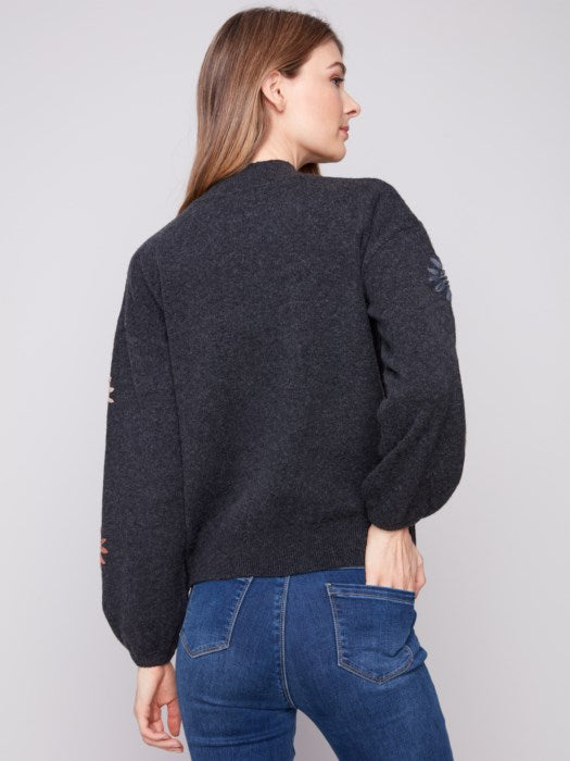 Mock Neck Sweater Floral Embroidery