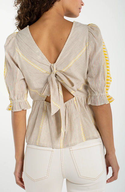 Half Sleeve Square Neck Tie Back Woven Top