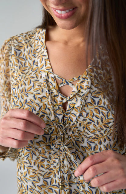 Long Sleeve Lace Up Woven Blouse