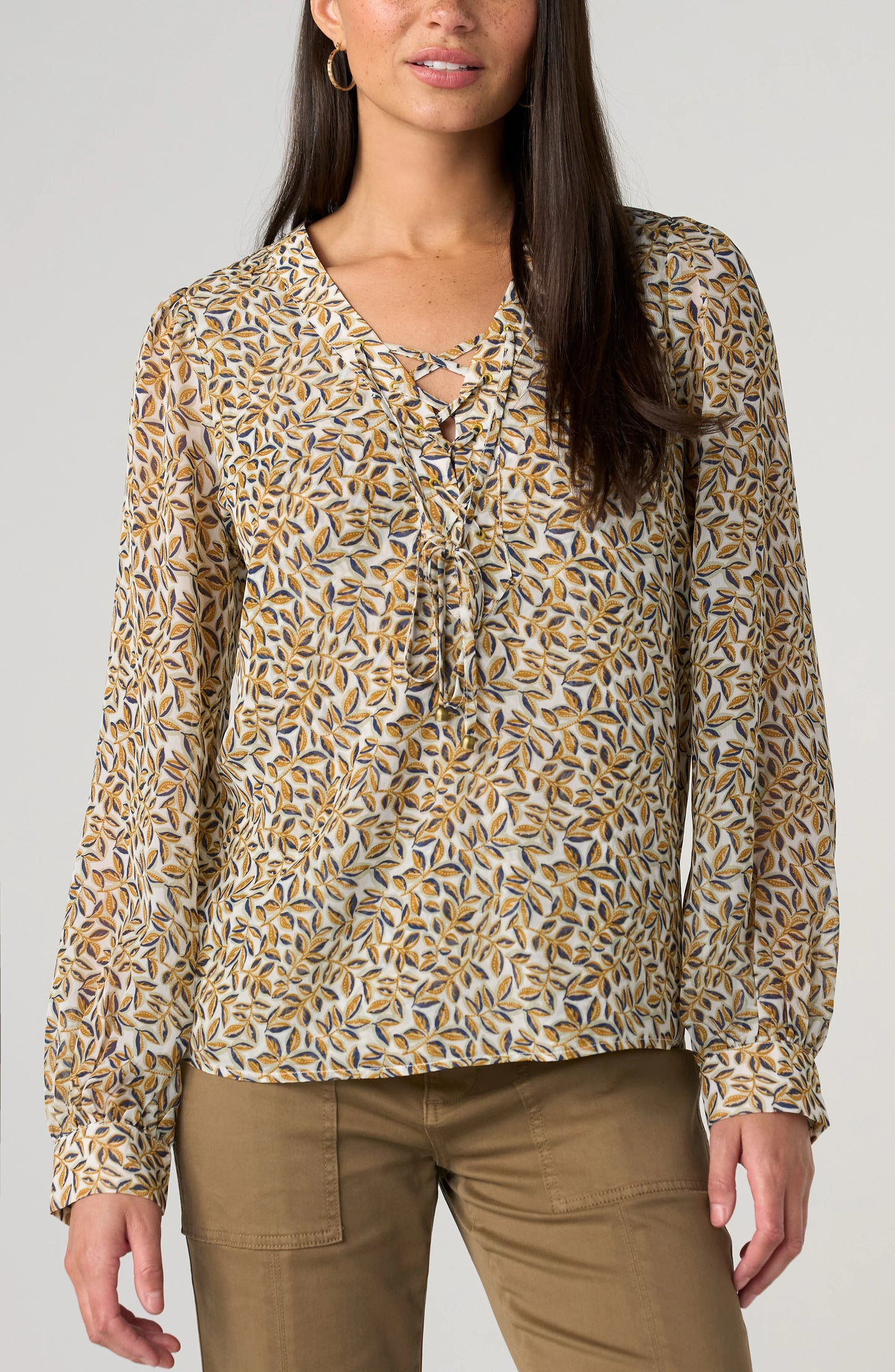 Long Sleeve Lace Up Woven Blouse