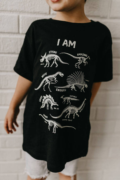 Dino Skeleton Affirmation Words Kids Tee