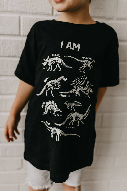 Dino Skeleton Affirmation Words Kids Tee