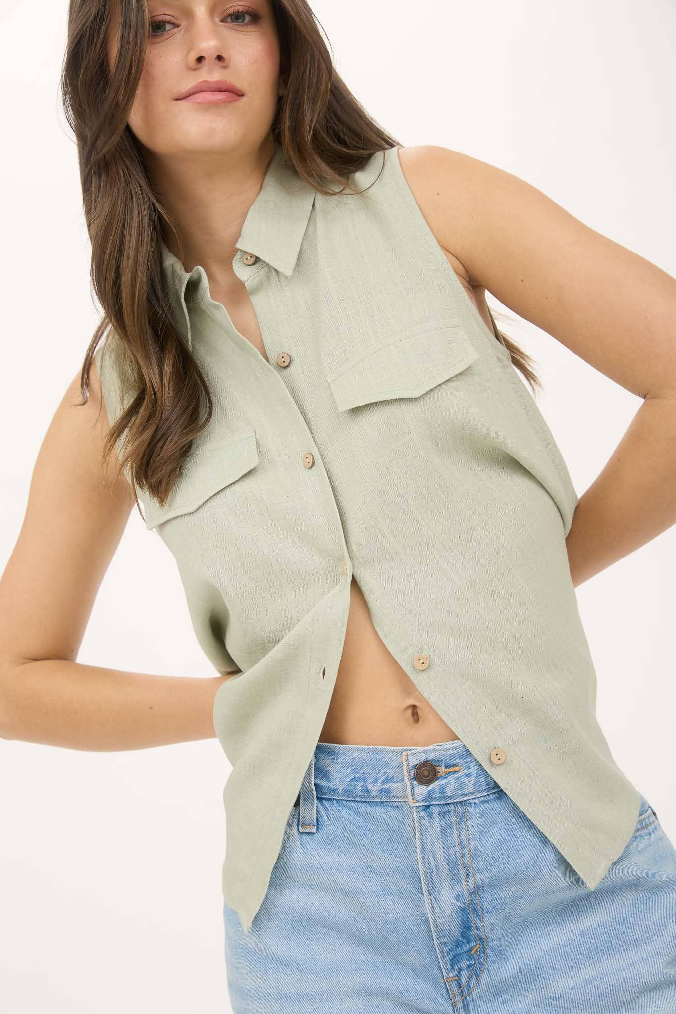 Collared Sleeveless Button Up