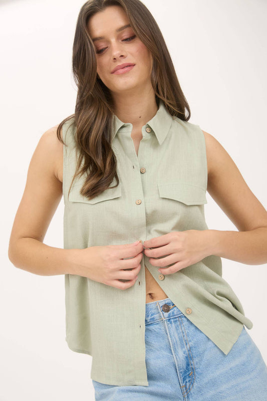Collared Sleeveless Button Up