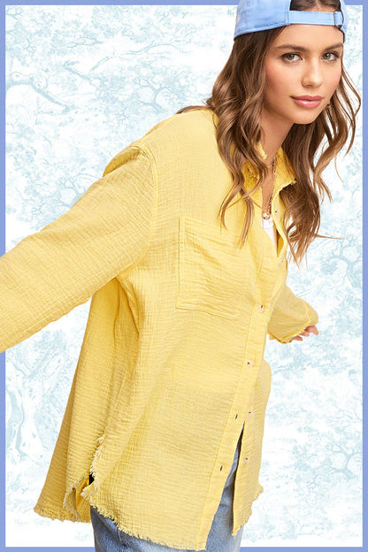 Washed Crinkled Gauze Button Down Shirt