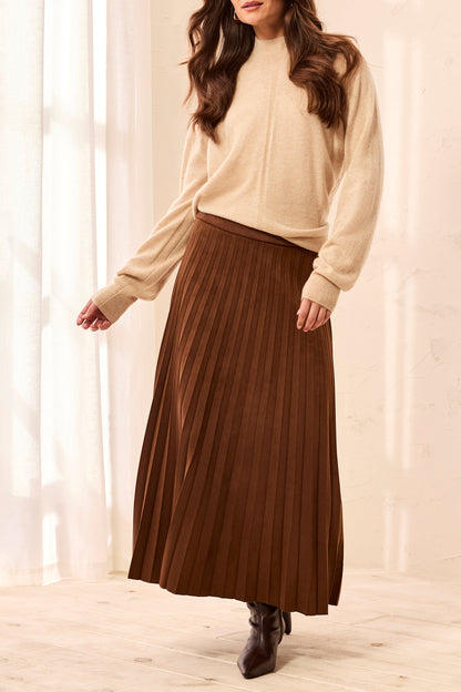 Pleated Cocoa Suede Skirt
