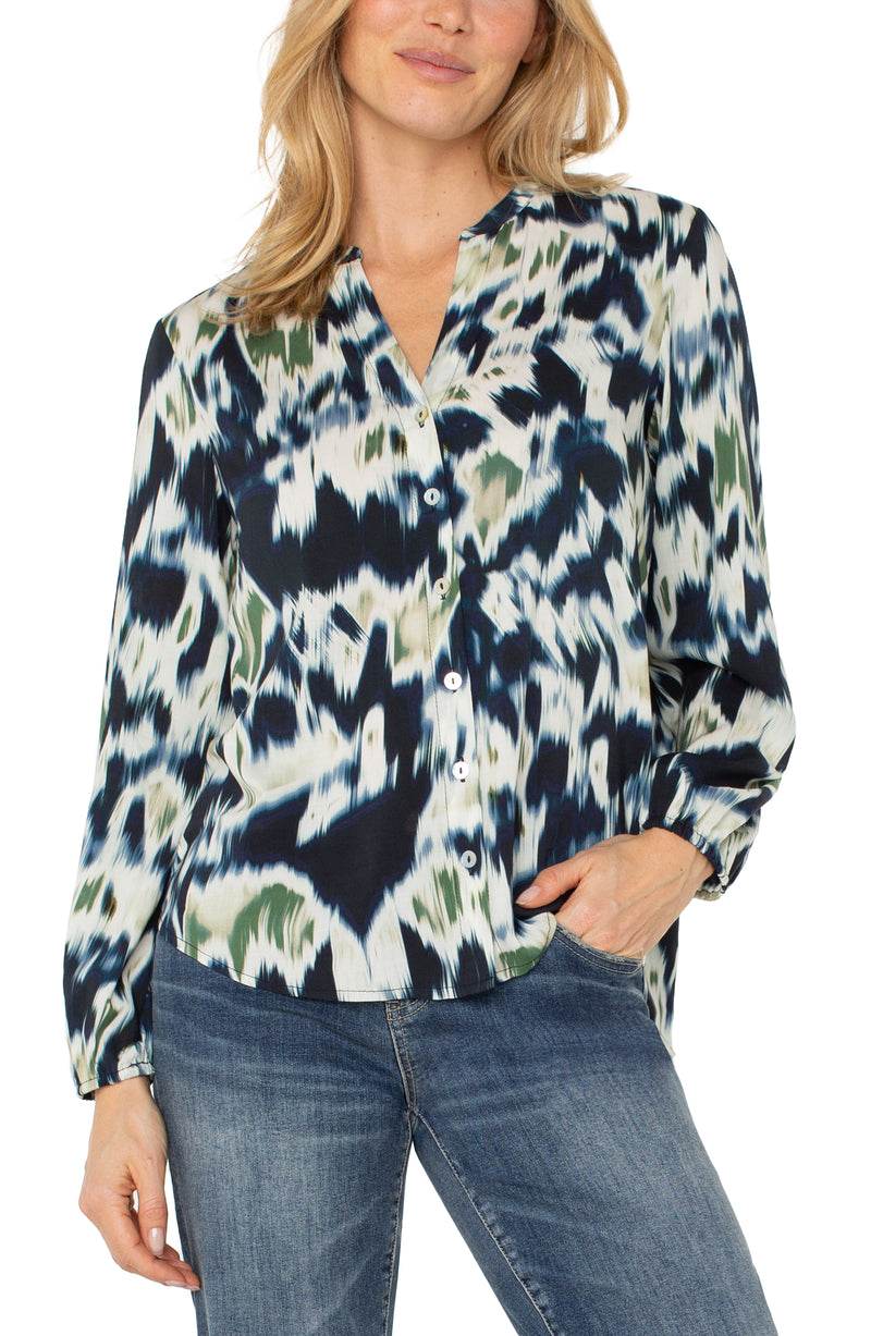 Button Front Shirred Woven Blouse
